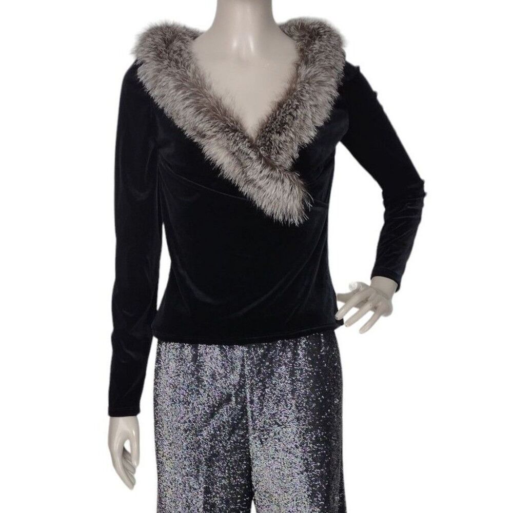 Vintage Chetta B*Peter Noviello*Sherrie Bloom Fox Fur Collar Velvet Surplice Top